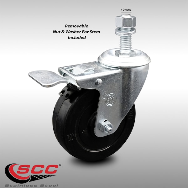 4 Inch SS Soft Rubber 12mm Threaded Stem Caster with Total Lock Brake SCC